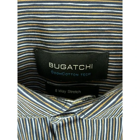 BUGATCHI Ooocotton Tech 8 Way Stretch Long Sleeve Shirt Large‎ Blue Brown Stripe - Picture 6 of 16
